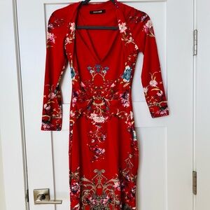 Roberto Cavalli Red Floral Long Sleeve Dress